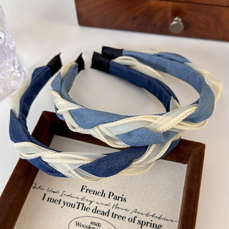 New Retro Braided Twist Headbands Fashion Denim Panelled Mesh Yarn Hair Hoop for  Woman Girl Elegant Hair Band Hair Accessories