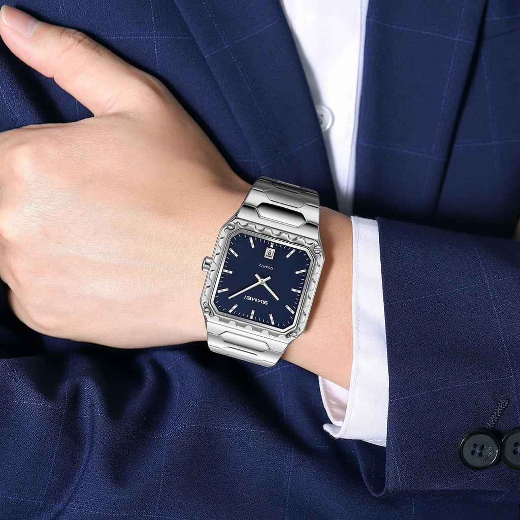 SKMEI Luxury New Simple Square Men's Quartz Watch for Men Stainless Steel Fashion Sports Waterproof Luminous Silver Wrist Watch