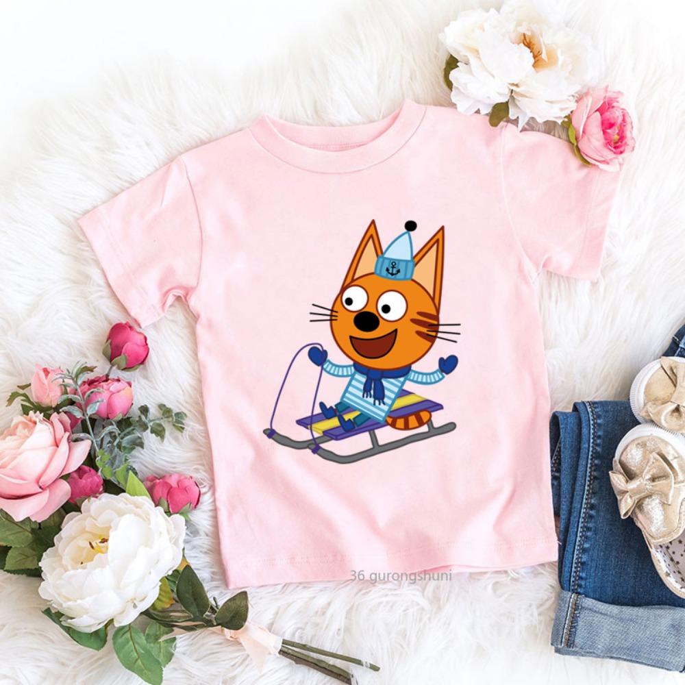 Tres Gatitos Dibujos Animados Ropa para Niños Camiseta para Niñas/Niños Linda Harajuku Camiseta Infantil Tops Verano Camiseta Casual Ropa para Niños Pequeños