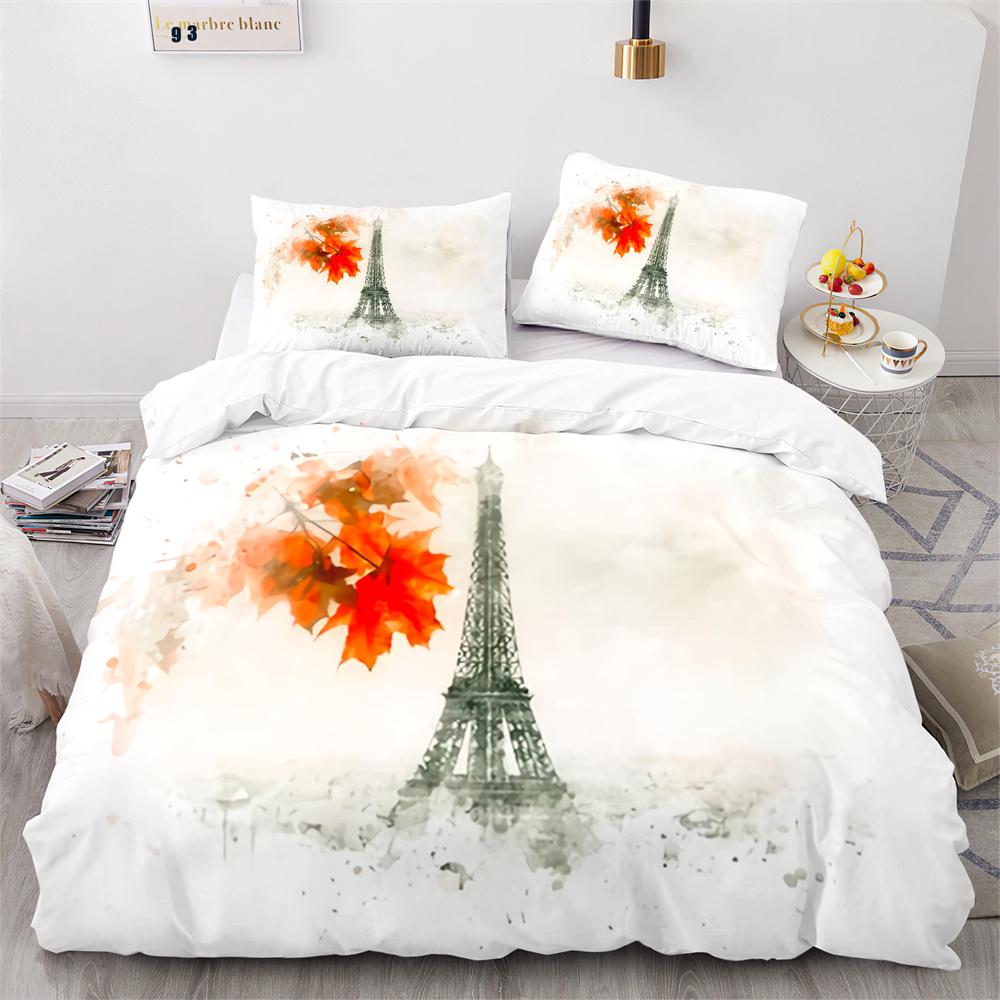 Paris Eiffel Tower Themed Couple Duvet Cover Set Cityscape Comforter Cover Romantic Polyester Bedspread Cover Pink Floral King