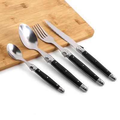 Jaswehome 4Pcs Stainless Steel Flatware Laguiole Cutlery Set  Sharp Steak Knives Forks Soup Spoons Teaspoons Kitchen Dinnerware