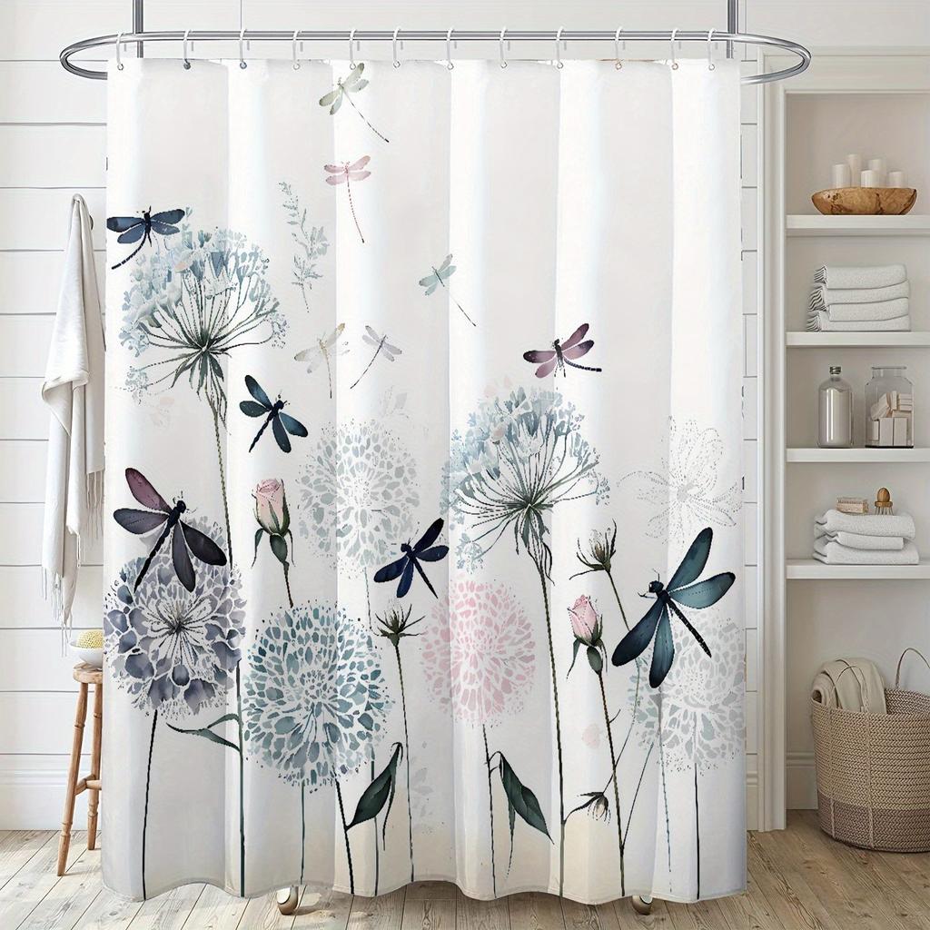 1pc Watercolor Dandelion Dragonfly Printed Shower Curtain Waterproof Polyester Fabric with Hooks Bathroom Home Decoration