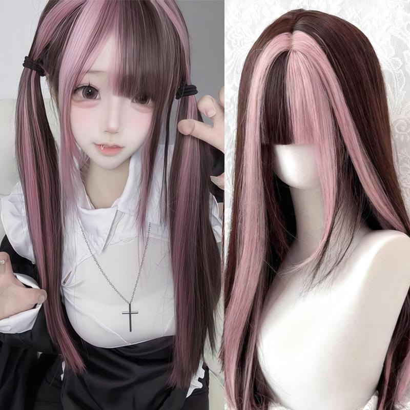 Synthetic Cosplay Wig Pink Highlighted Wig Long Straight Hair with Bangs Heat - Resistant for Women Cosplay & Daily Wear