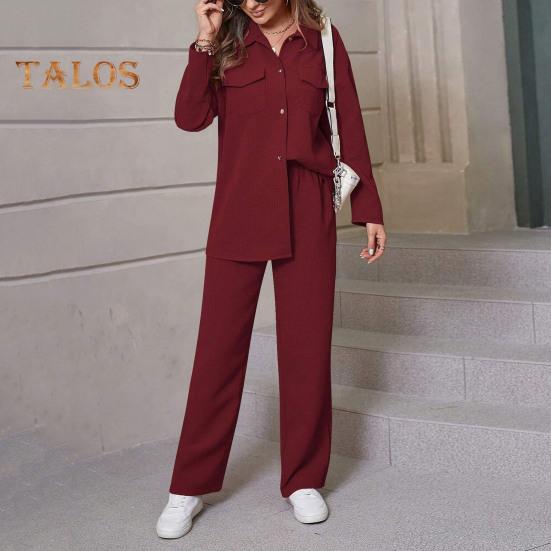 2 Pcs/Set Fall Spring Women Shirt Pants Set Long Sleeves Lapel Button-down Blouse with Chest Pocket Elastic Waist Trousers OL Commuting Sport