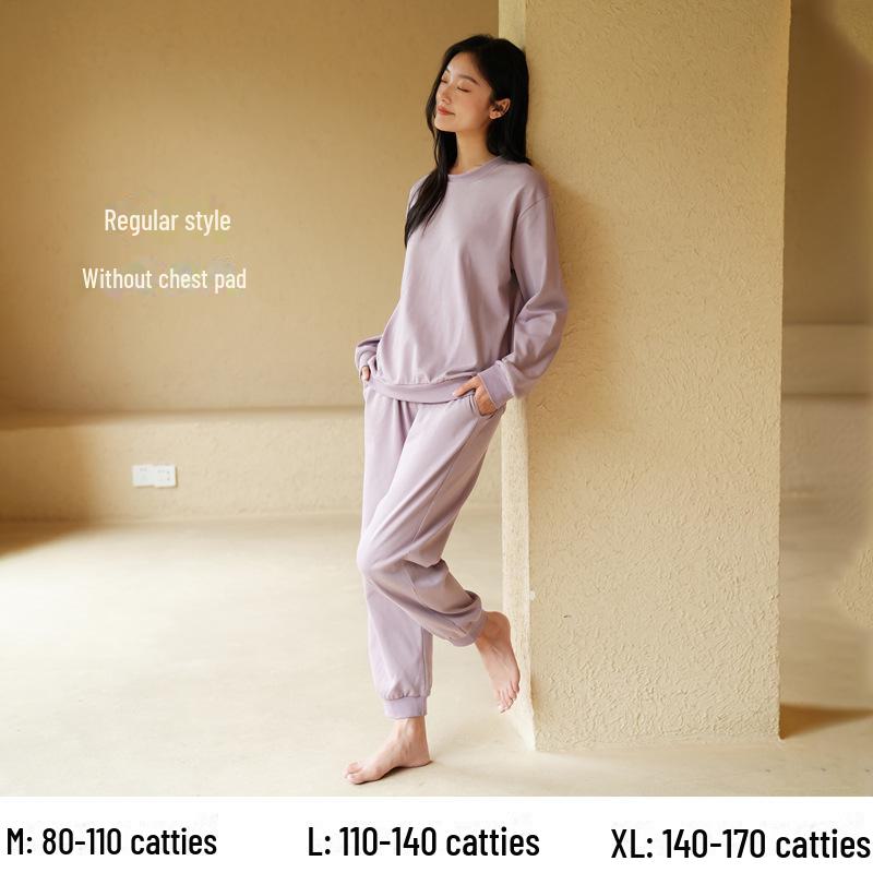 Women's Pure Cotton Long-Sleeve Pajama Set with Chest Pads - Large Size, Spring/Autumn 2025