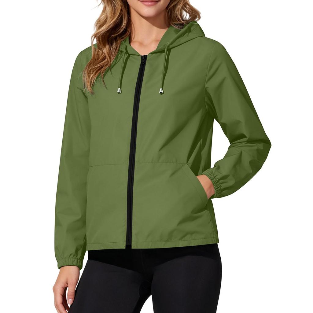 Women's Waterproof Windproof Hooded Jacket Lightweight Packable Outdoor Raincoat with Zipper Pockets and Adjustable Drawstring Hood