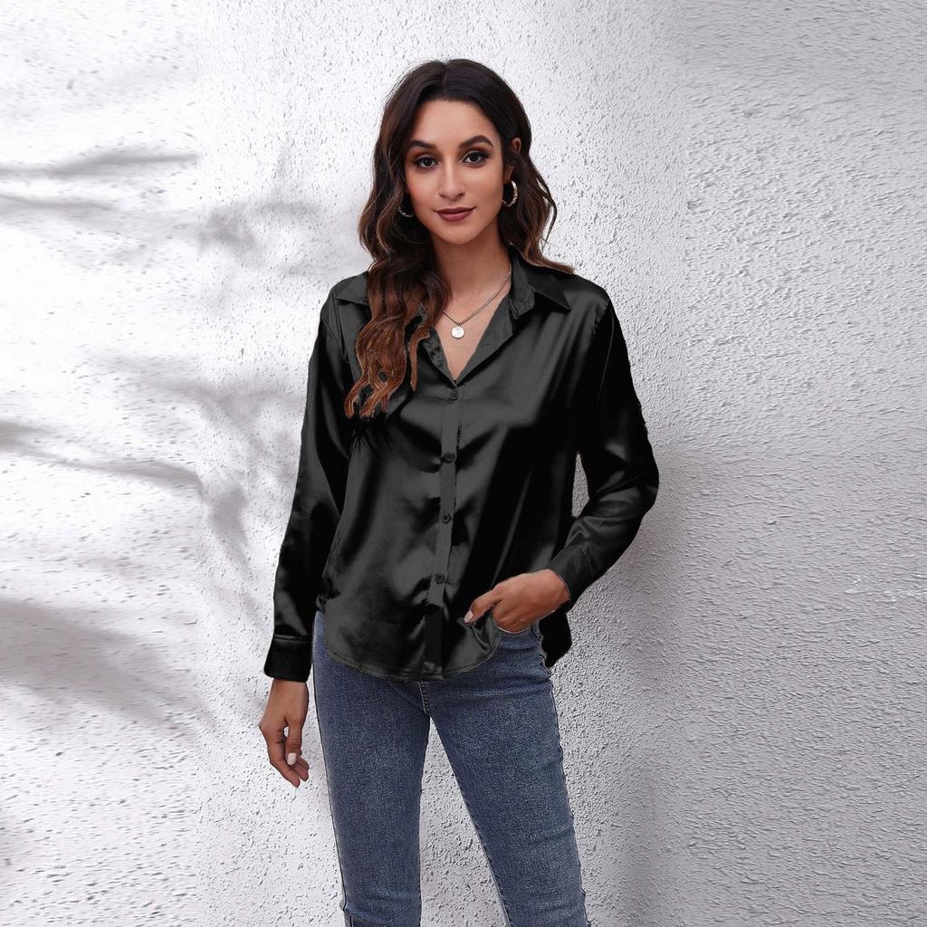 Flip Collar Pleated Long Sleeved Women's Satin Shirt, Elegant and Slim Fit, Suitable for Commuting To Work