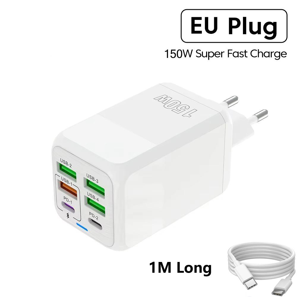 

150W USB C Charger 6 Ports PD QC 3.0 Super Fast Charging USB Charger with 60W Fast Charger Cable Type C Cell Phone Charger Adapter with 1m cable білий