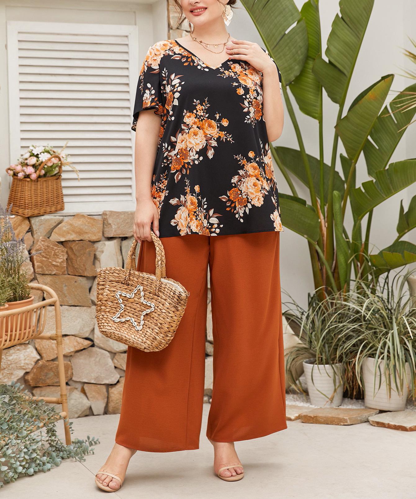 

Plus Size Elegant Printed Wide-Leg Pants Two-Piece Set – Spring/Autumn Collection 0XL коричневий