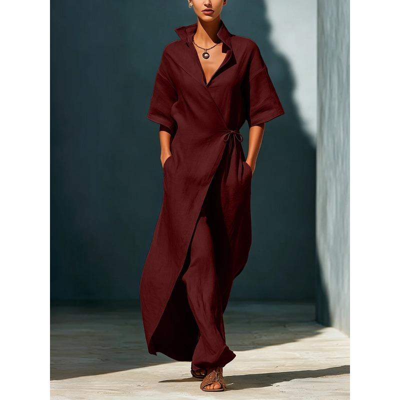 Summer New Style Casual V-neck Short-sleeved Belt-wrapped Fitted Slimming Figure-enhancing Blouse Dress