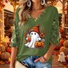 Women's V-Neck Casual Three-Quarter Sleeve Top with Halloween Print