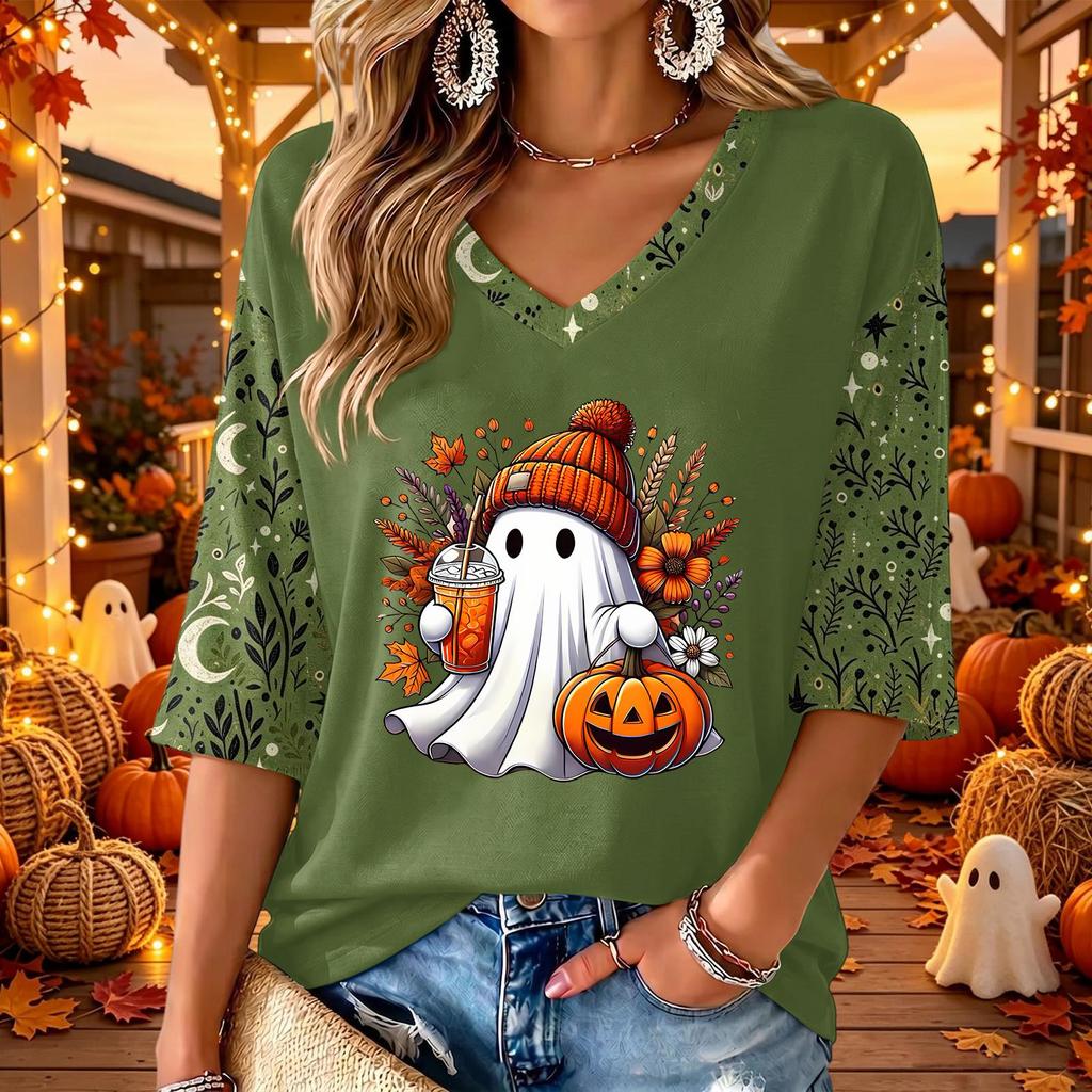 Women's V-Neck Casual Three-Quarter Sleeve Top with Halloween Print