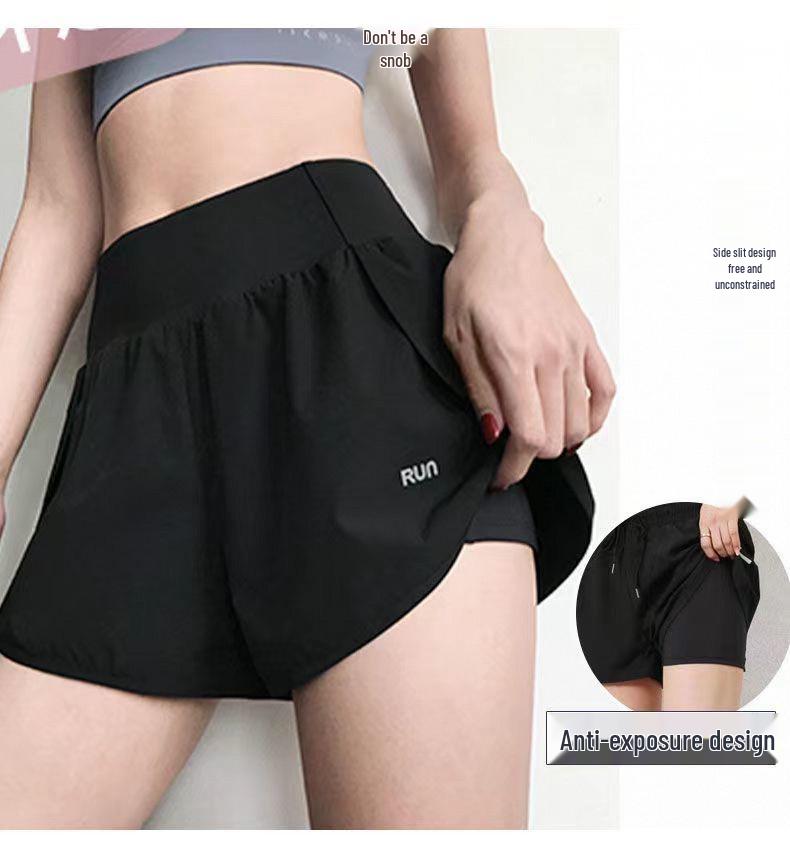 Women's High Waist Double Layer Sports Shorts with Pockets for Running & Yoga