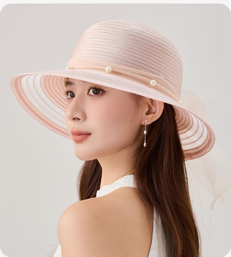 Tulle Sun Hat Pearl-Embellished Women’s Beach Holiday Sun Hat – Soft and Breathable