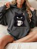 Women's autumn and winter casual loose warm personalized cat pattern printed suede long sleeved hooded sweatshirt