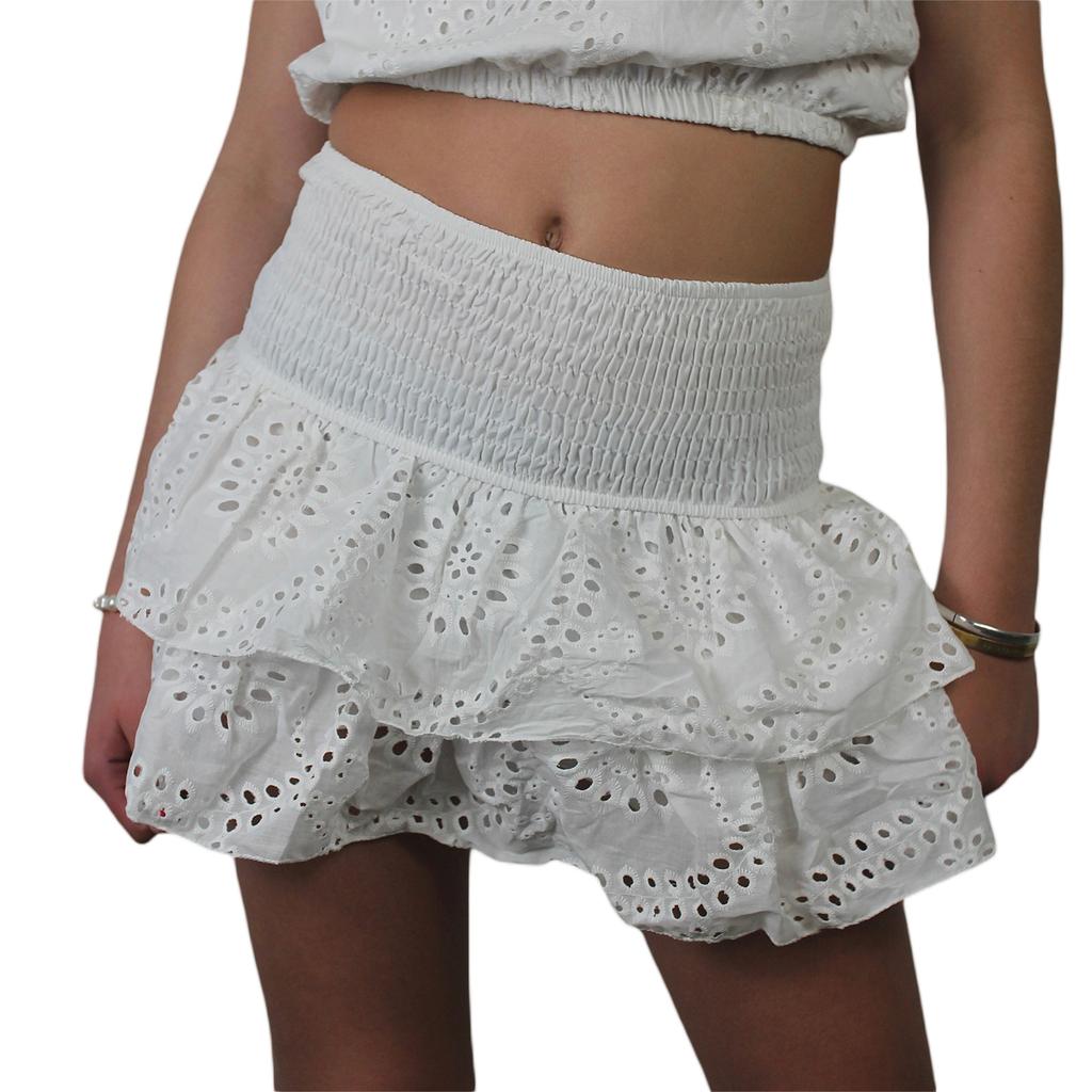 Women's Shirred Mini Skirt A-Line Pointelle High Waist Layered Ruffle Skirt for Summer Party Club