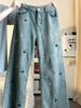 Women's High Waist Retro Puppy Embroidered Wide Leg Jeans
