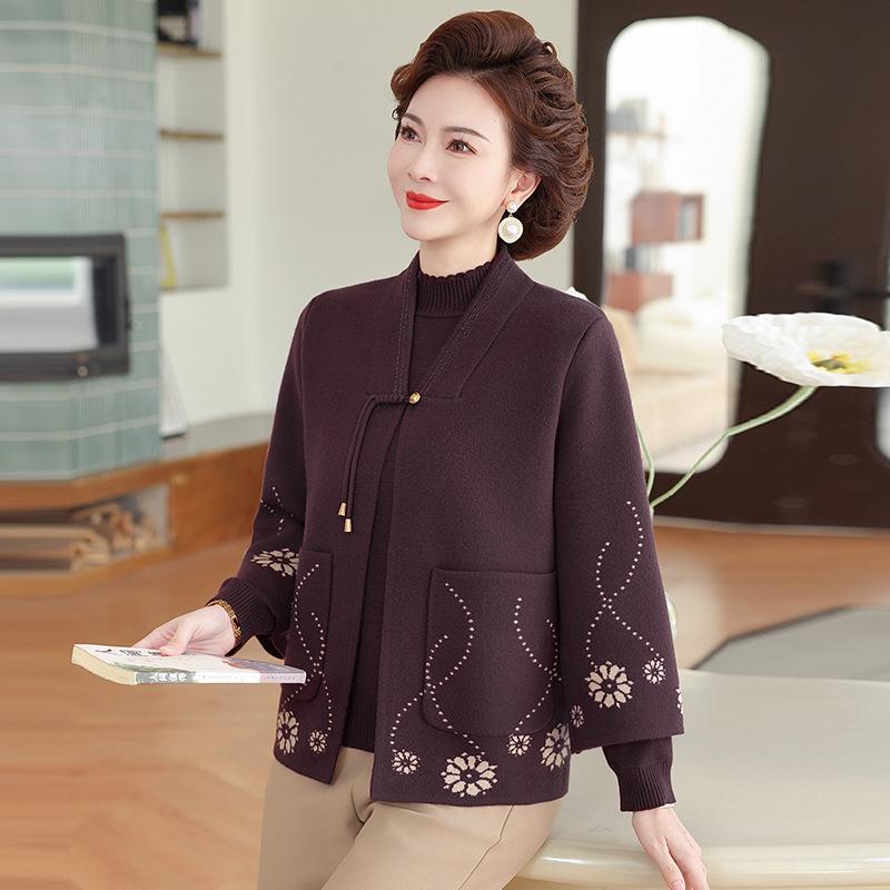 Jesienny dwuczęściowy zestaw dzianinowy 2025: Stylowy top kardiganowy dla kobiet w średnim wieku i starszych