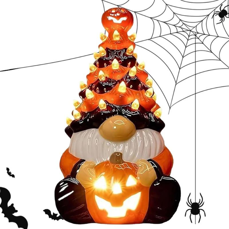 Halloween Zwerg Dekoration mit Licht, Kürbis Wichtel Keramik Baum Leuchtfigur, Orange LED Tisch Herbstdeko für Zuhause, Halloween Party