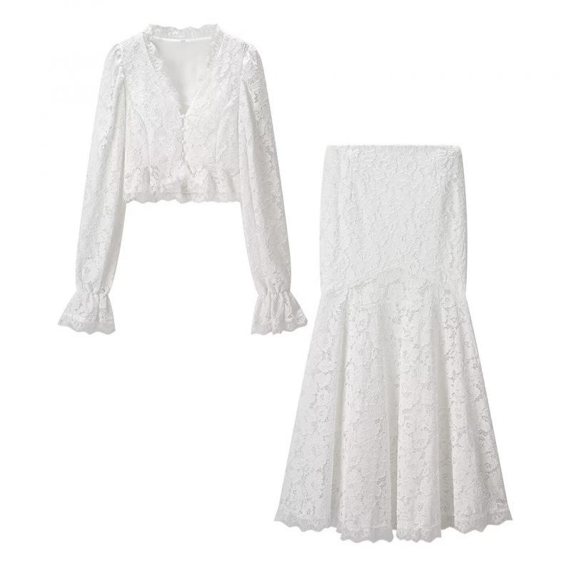 2026 Spring European & American Style Slim-Fit Lace Patchwork Top and Skirt Set Small