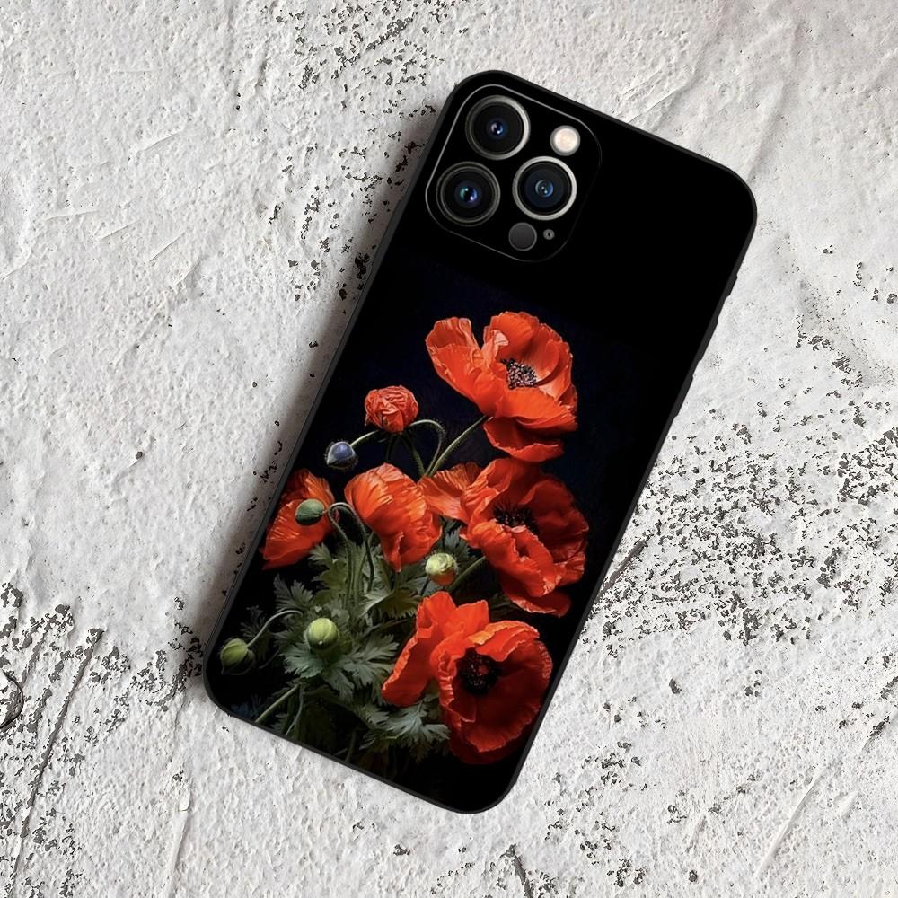 Poppy Flower Bloom Phone Case for Iphone 15 14 13 12 11 Pro Max Xr X Xs Mini 8 Plus SE 2022 Black Soft Silicone Cover