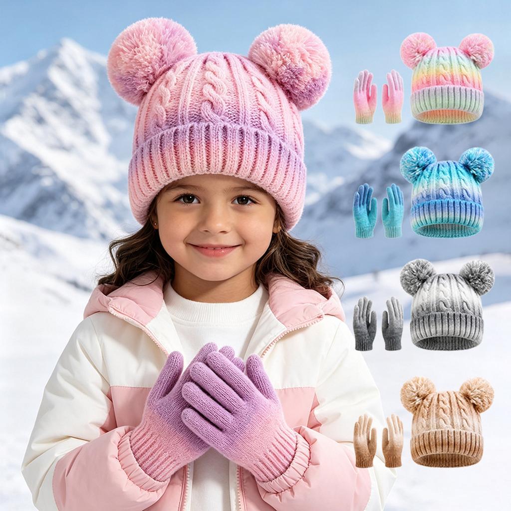 Kids Colorful Tie- Wool Hat and Gloves Set, Knit