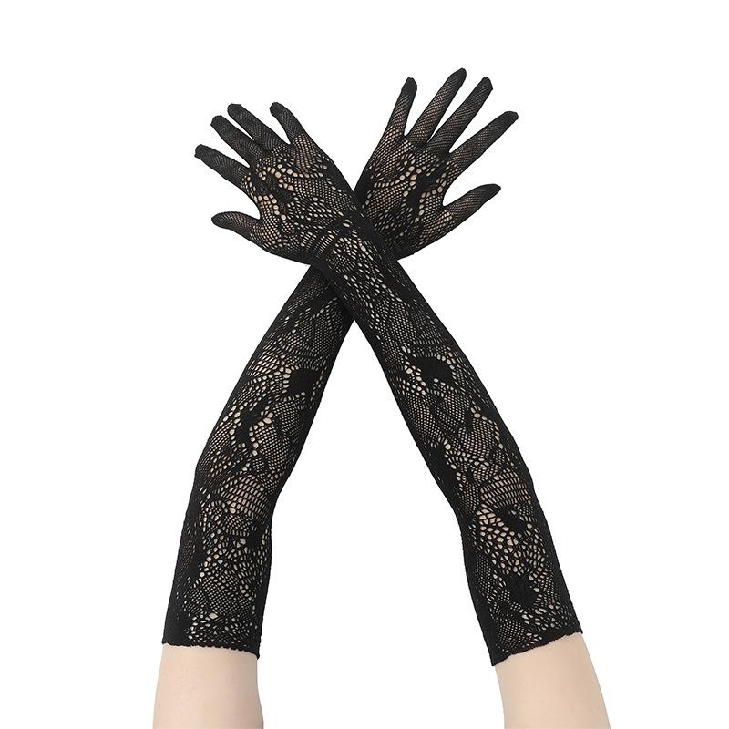 Thin Hollow Fishing Net Women Sexy Lace Floral Pattern Long Gloves Cosplay Wedding Dress Bridal High Elasticity Mesh Gloves