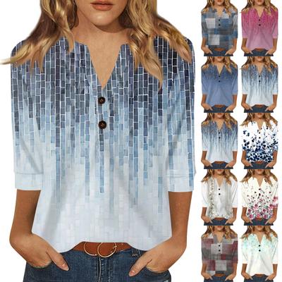 Damska koszulka z nadrukiem, guzikami, rękawami 3/4, codzienna, weekendowa, modna, podstawowa, dekolt w serek, regularna góra