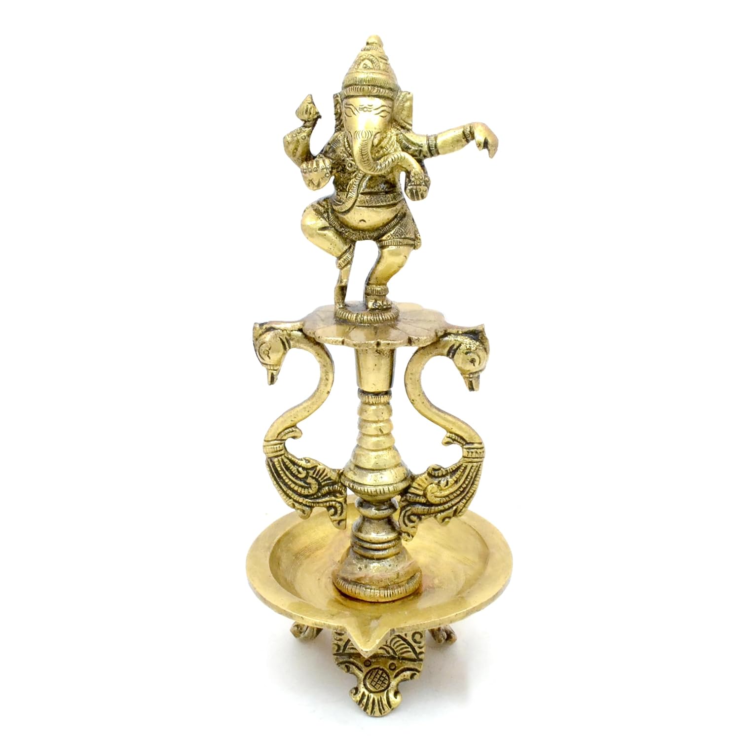 Original Brass Dancing Ganesha Oil Diya With Base, Diya, Gold, Size - Standard
