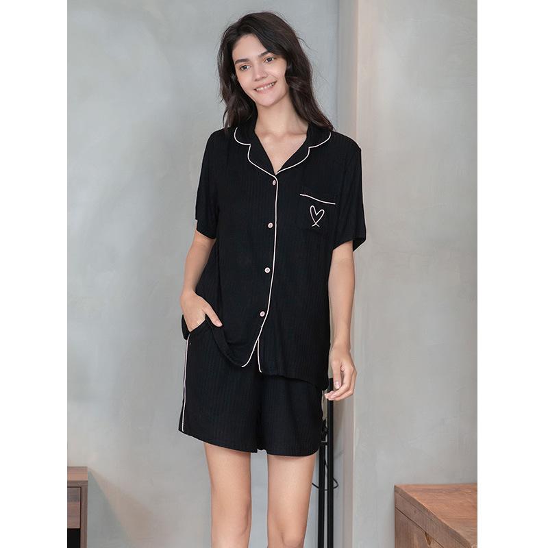 Ladies Summer Cool Feeling Short Sleeve Loungewear Shorts Set Love Pocket Solid Colour Stripe Modal Cotton Pajama Set