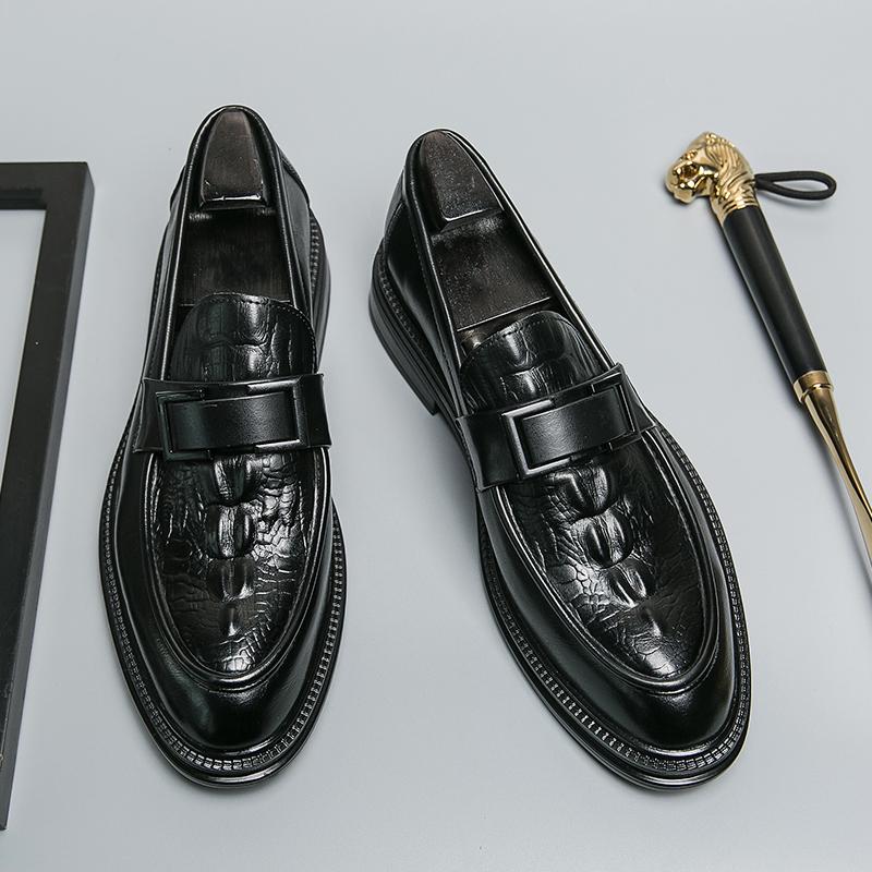 Luxury Men Dress Shoes Genuine Leather Crocodile Print Wedding Black Iron Buckles Business Office Slip On Mens Rubber Sole Shoes