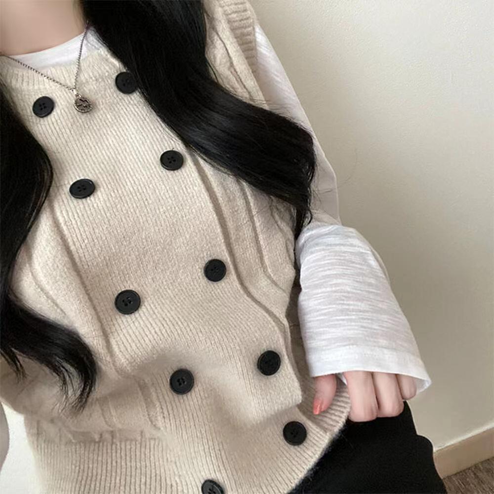 Korean Fashion Knitting Double Breasted Sweater Winter Retro Knit New Design Cardigan Women Aesthetic Casual Joker Sleeveless Vest