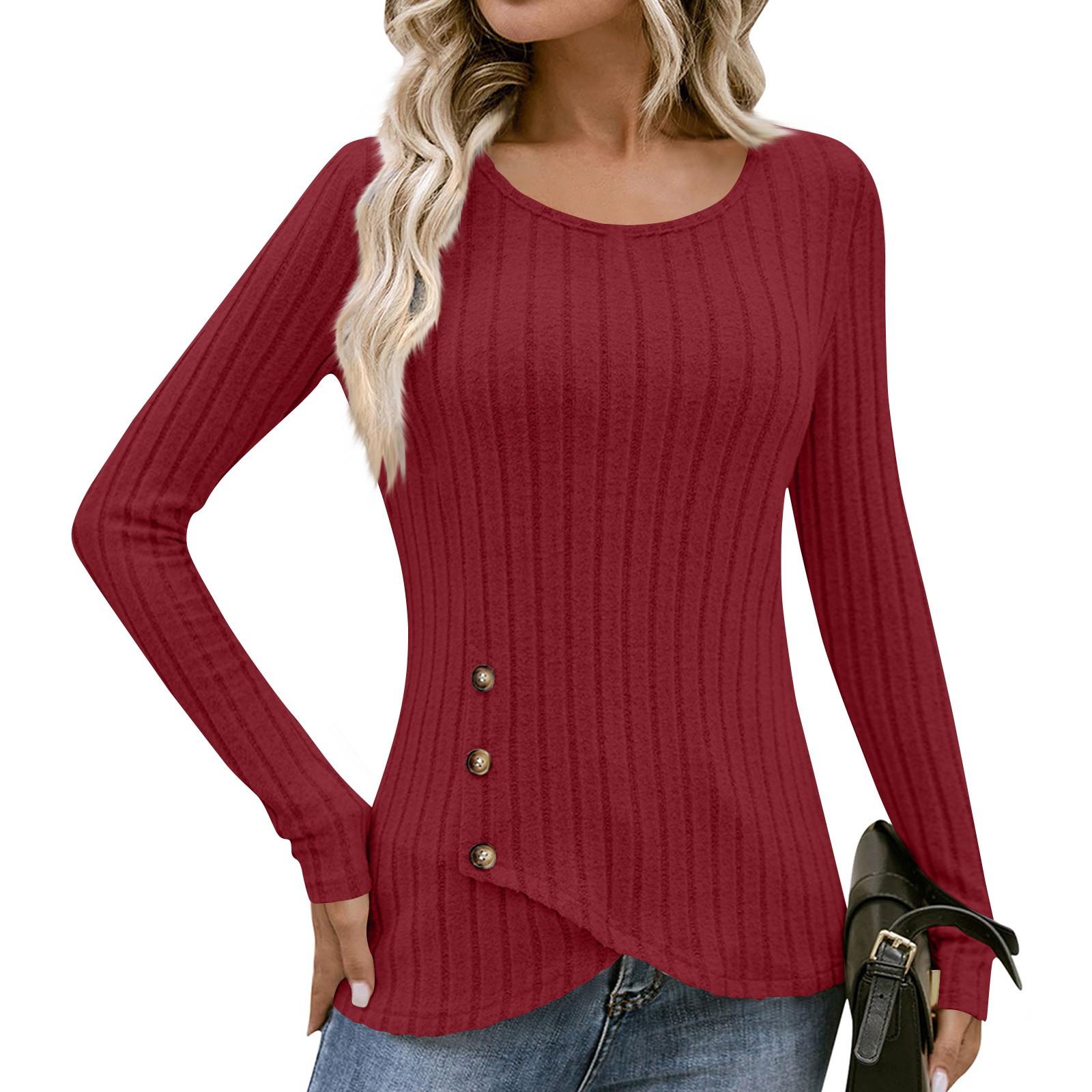 

Женский модный повседневный облегающий однотонный топ с длинным рукавом, круглым вырезом, разрезом по подолу, пуговичной отделкой XL винный