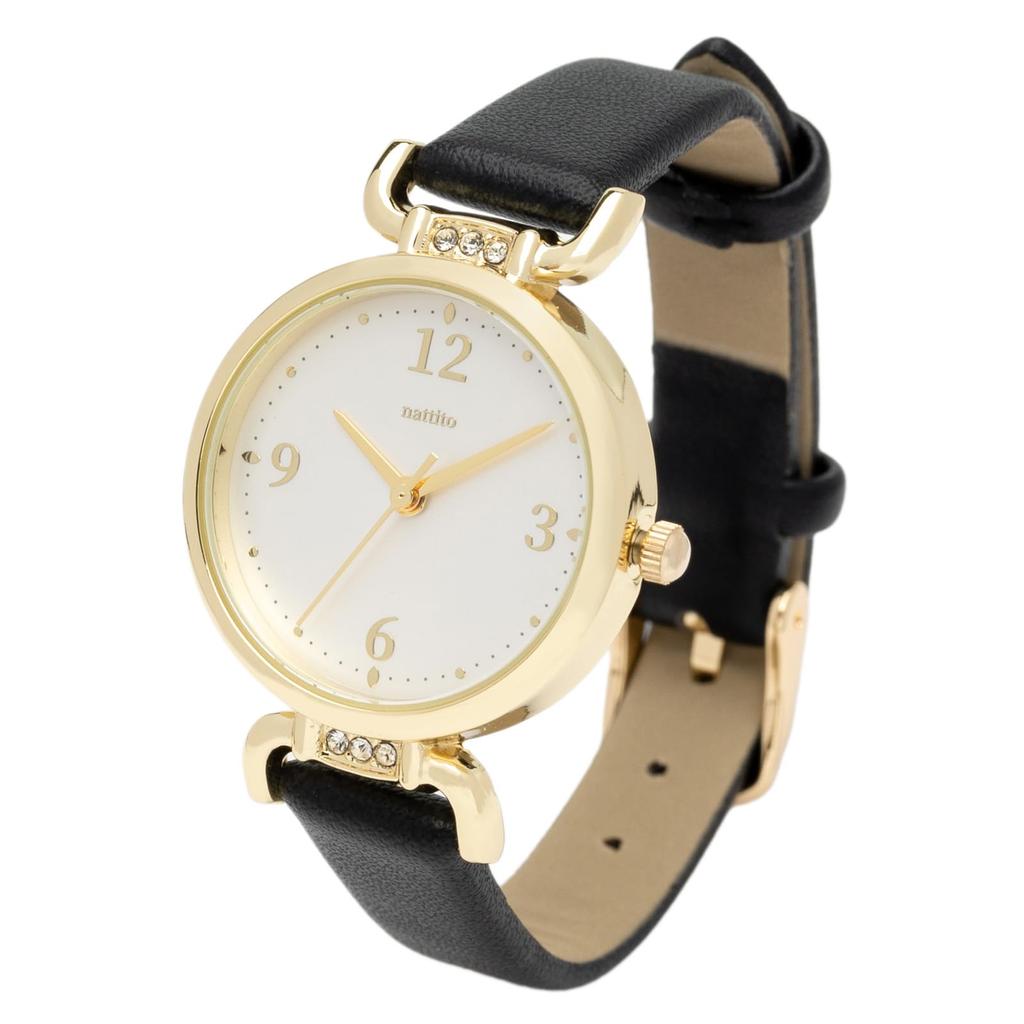 Analog Watch with Leather Strap and Sparkling Jewelry Black [Fieldwork] Women's Stones, JN044-5