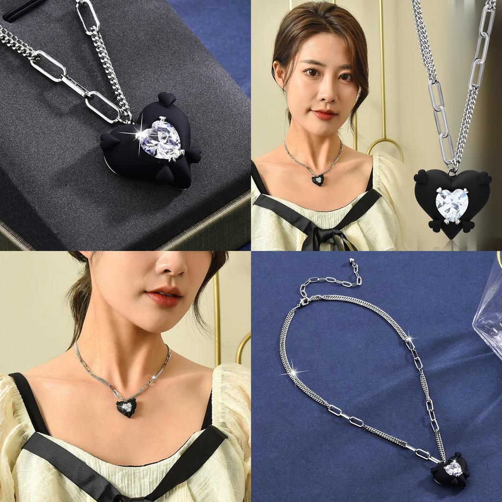 Sweetheart Design Black Zirconia Necklace For Women With Heart Shape And Charming Style