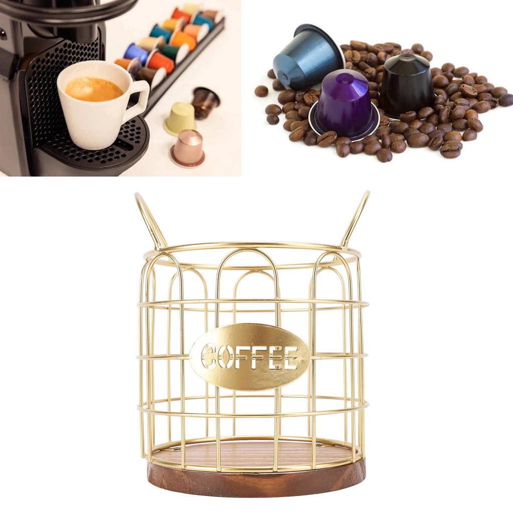 Coffee Pod Holder Iron Wire Weighte Wooden Base Coffee Capsule Storage Basket for Kitchen