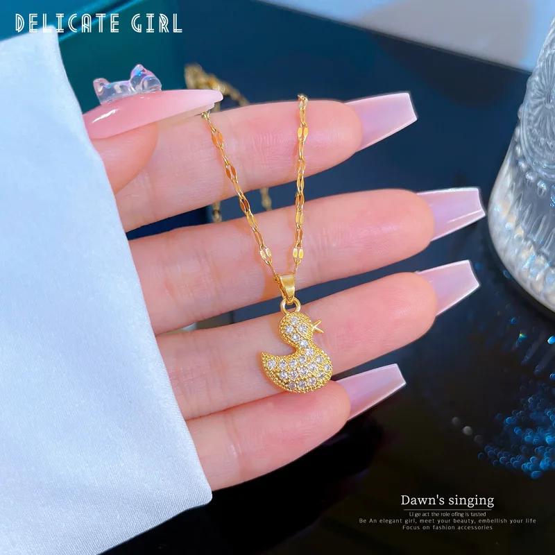 

Gold Color Cute Zircon Duck Pendant Necklaces for Women Girls Stainless Steel Lip Chain Choker Lovely Charm Accessories Gifts