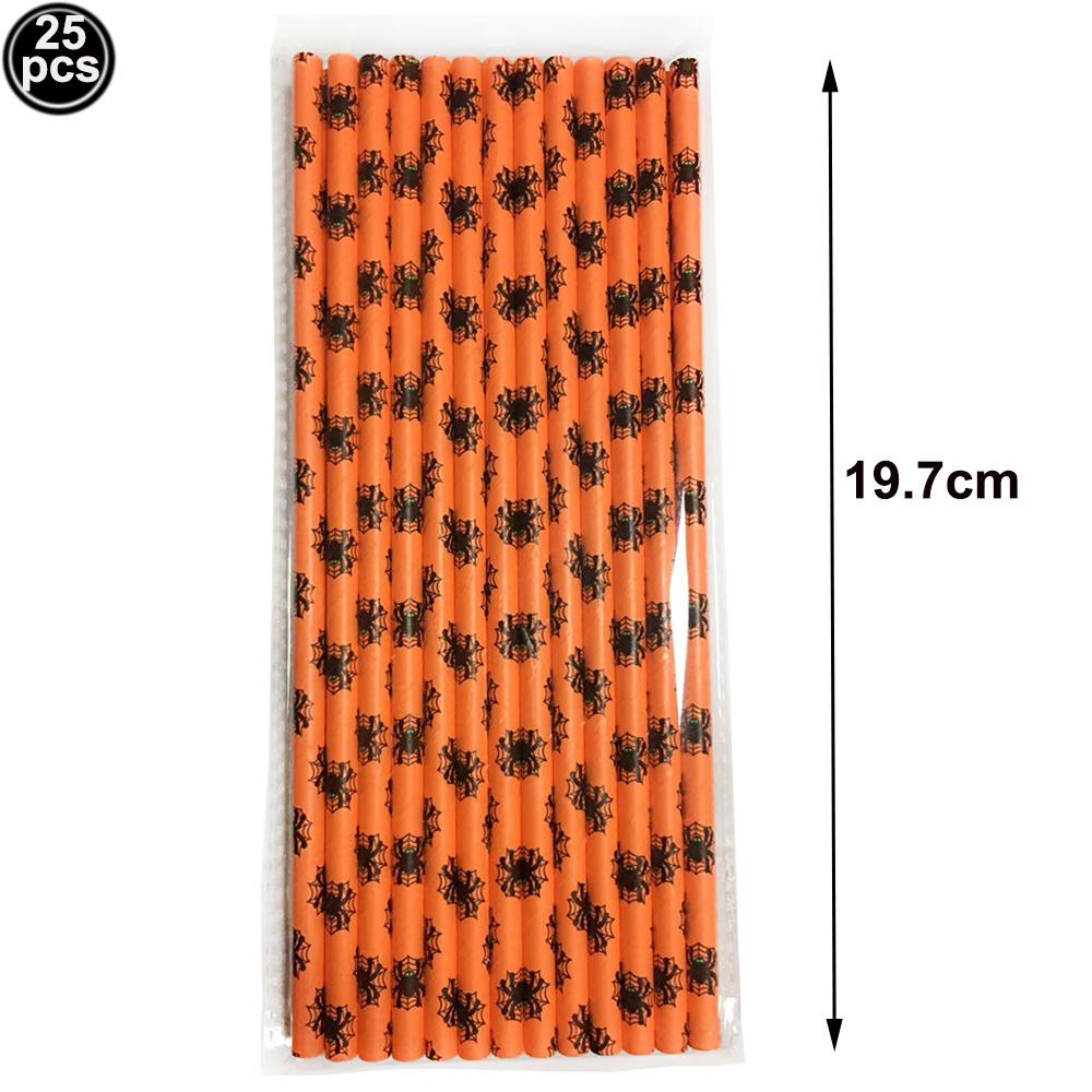 25pcs Halloween Theme Disposable Paper Straws Spider Skull Pumpkin Bat Pattern Happy Halloween Party Decor Supplies