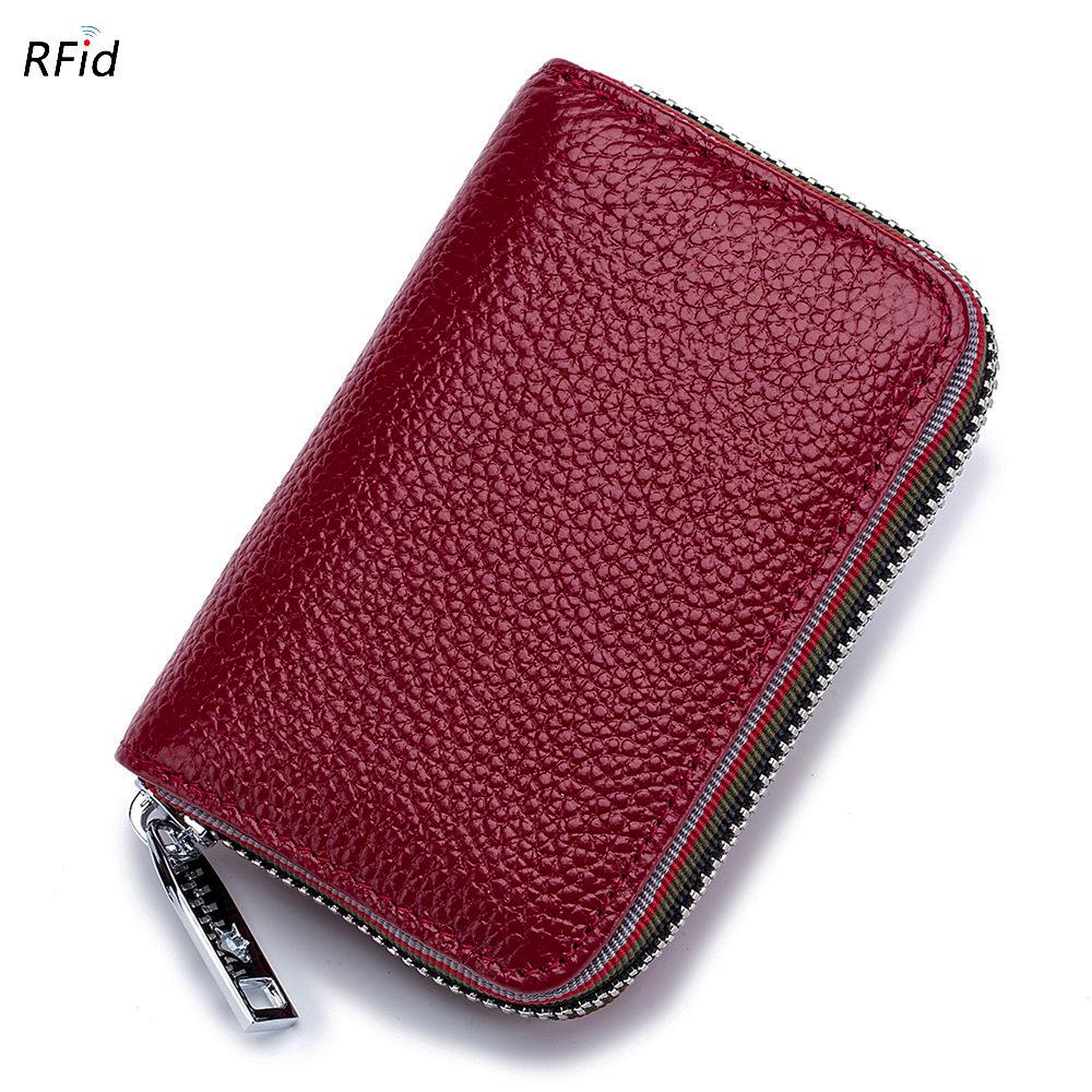 Fashionable RFID Accordion Cowhide Card Holder with Zipper for Ladies and Men