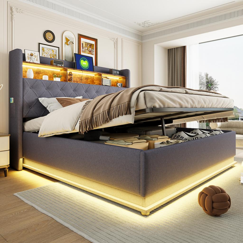LED Upholstered Bed 180 x 200 cm, Upholstered Storage Bed with USB Charging Port and Hydraulic Storage, Skin-friendly Linen Fabric, Grey