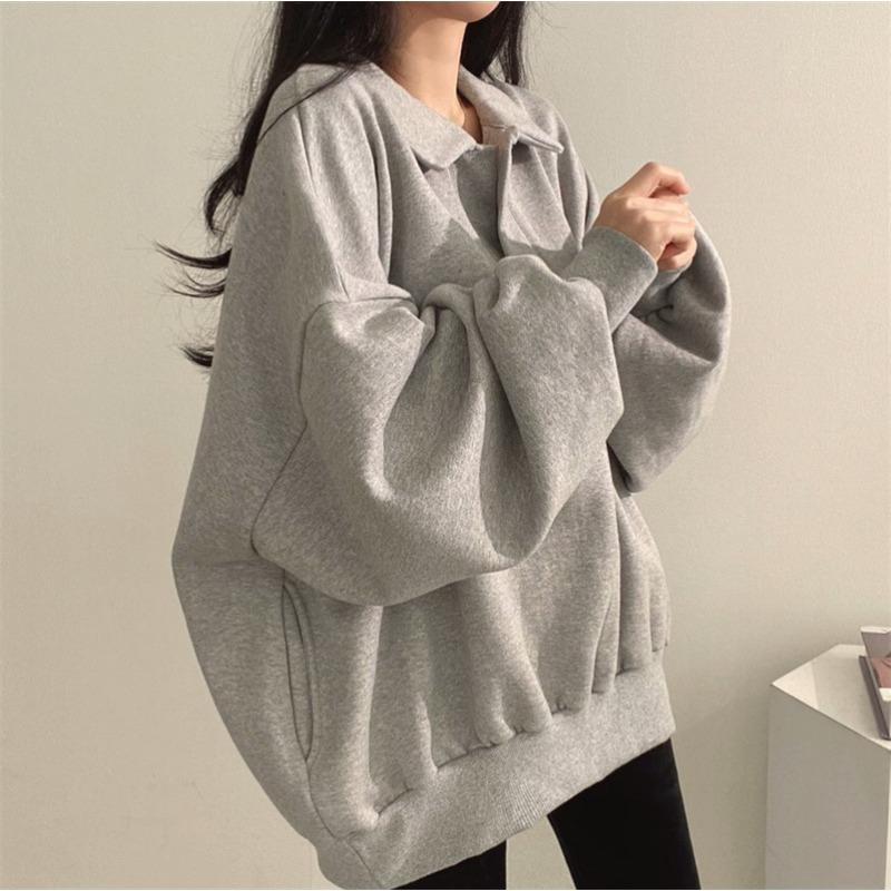 Women Polo Collar Loose Long Sleeve Casual Solid Sweatshirt Top Outerwear