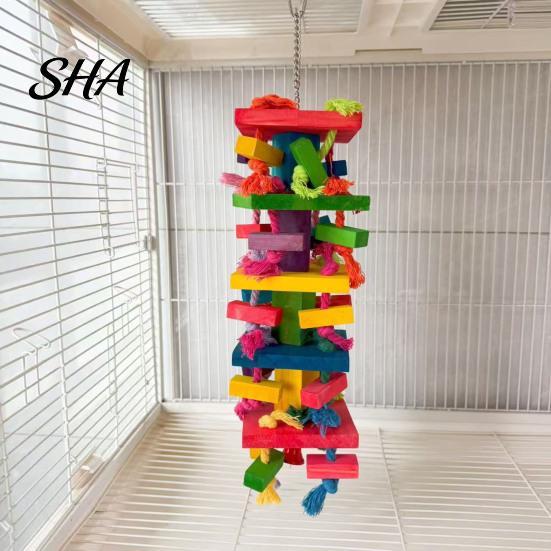 Parrot Chew Toy Chewing for Macaws African Greys, Colorful Wooden Block Puzzle with Food-grade Bird Cotton Tassels, Hanging Interactive Activity Cage,