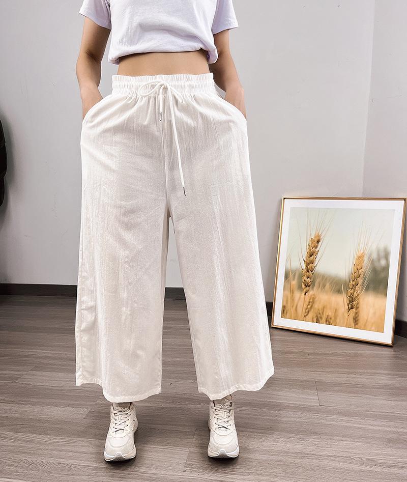 Southeast Asia Women's Casual Loose Ramie Culottes - Wide-Leg All-Cotton Slimming Pants, Eight-Point Length