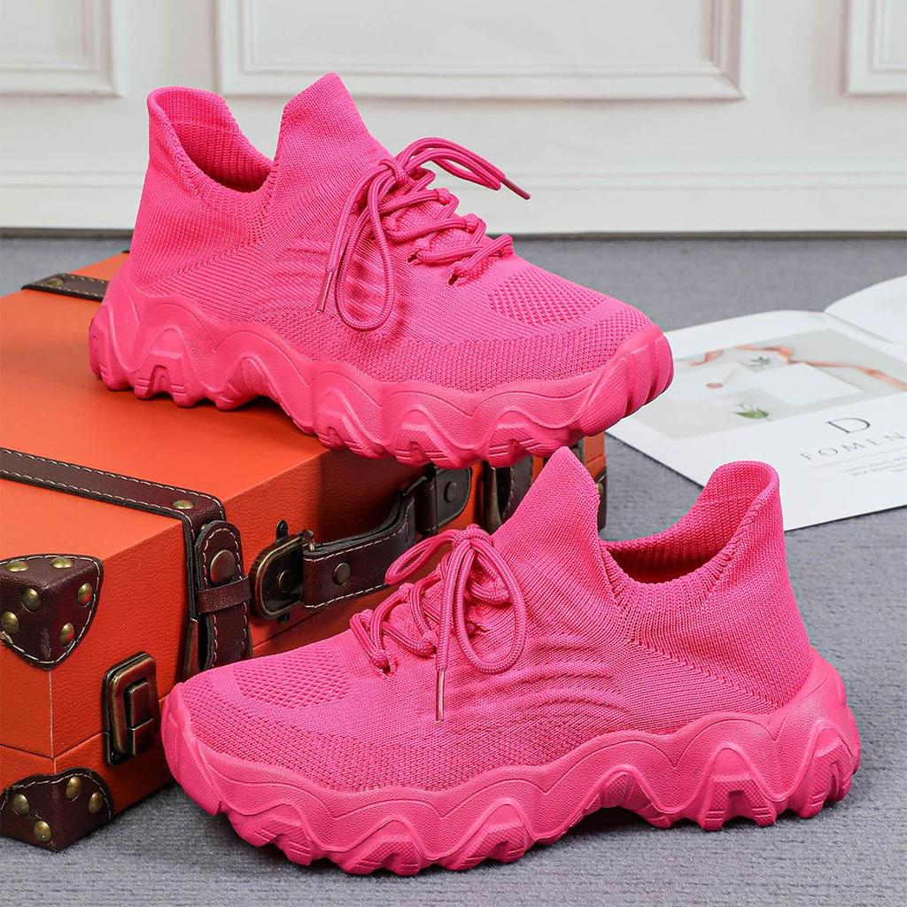 Fashion Spring Pink Casual Shoes Woman Breathable Knitted Sneakers for Women Shoes Thick Sole Ladies Shoes Platform Sock Sneakers