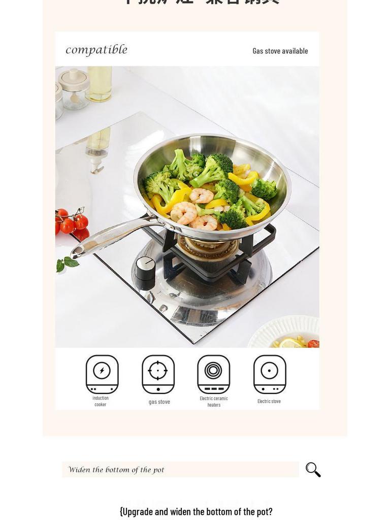 Uncoated 304 Stainless Steel Flat-Bottom Frying Pan for Induction Cookers - Non-Stick Egg Wok