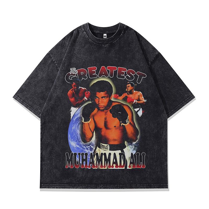 American Trendy Brand Retro Star Portrait Print Vintage Washed Old Street Hip Hop Short Sleeve T-Shirt Men