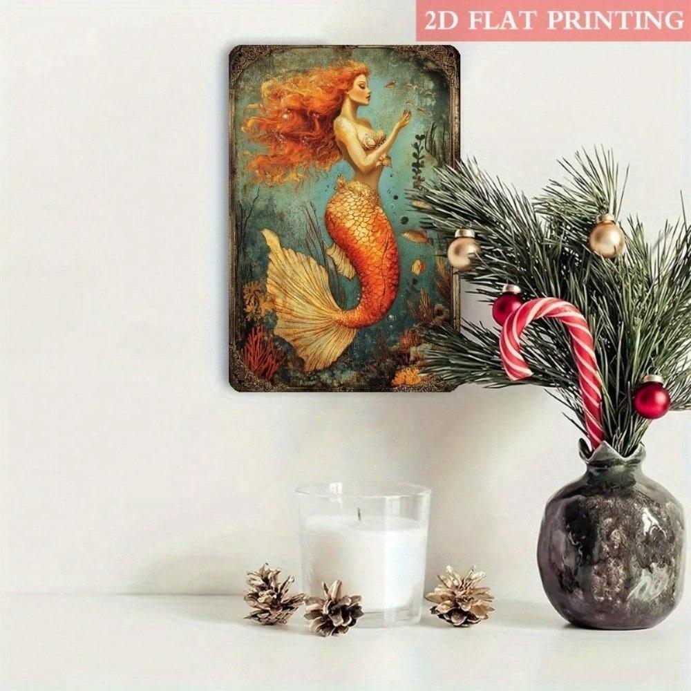 Vintage Tin Metal Mermaid Wall Art Bathroom Decor Ocean Fantasy Sign