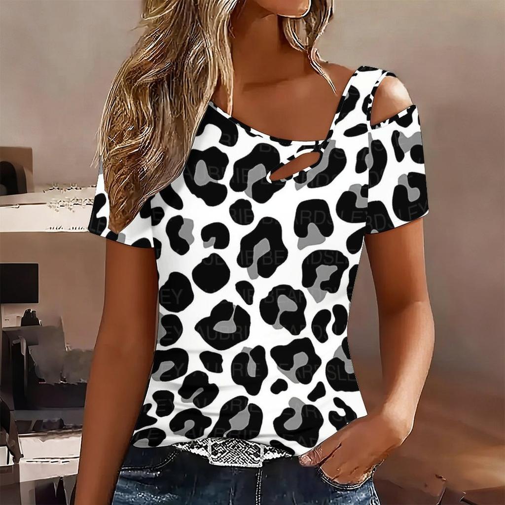 Women Leopard Print Stitching Print Stitching Print Cold Shoulder Short Sleeve T Shirt Irregular Cutout Neck Casual Summer Blouse Top