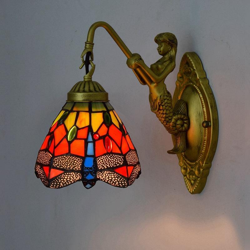 European Stained Glass Mermaid Wall Lamp Bedroom Bedside Lamp Retro Creative Dining Room Balcony Aisle Staircase Light