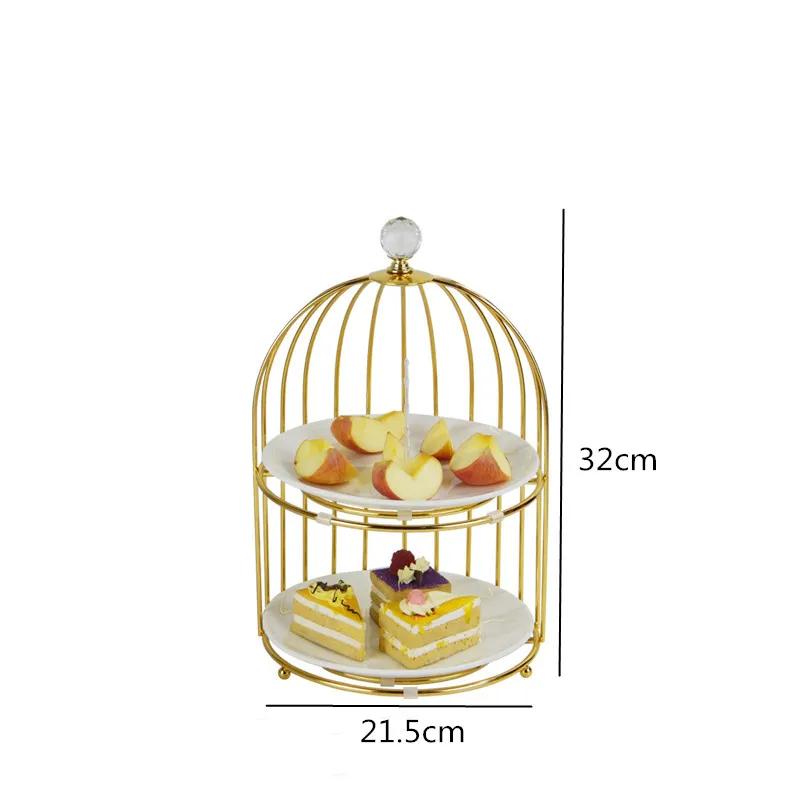 Birdcage Double Layer Cake Stand Wrought Iron Display Stand Ceramics Three-tier Fruit Tray Afternoon Tea Dessert Decorative Rack